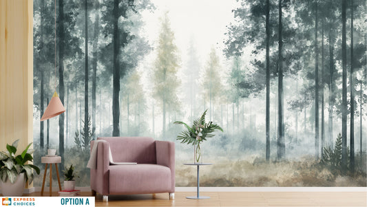 Soft Watercolor Forest Pine Wallpaper – peel and stick wallpaper mural, Golden Era Walls
