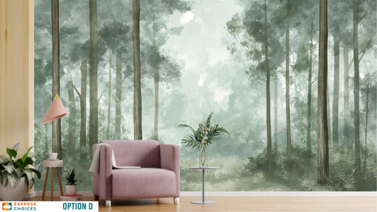 Soft Watercolor Forest Pine Wallpaper – detail view, Golden Era Walls
