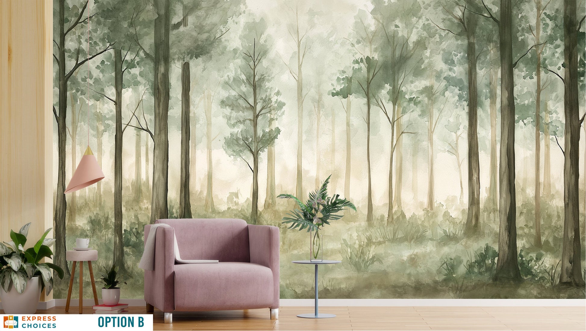Watercolor Forest Hand Paint Wallpaper – room setting, Golden Era Walls
