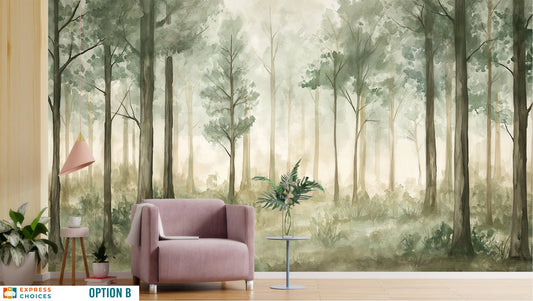 Watercolor Forest Hand Paint Wallpaper – room setting, Golden Era Walls