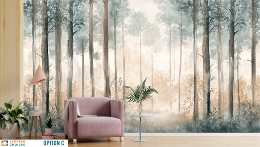 Watercolor Forest Pine Tree Wallpaper – detail view, Golden Era Walls