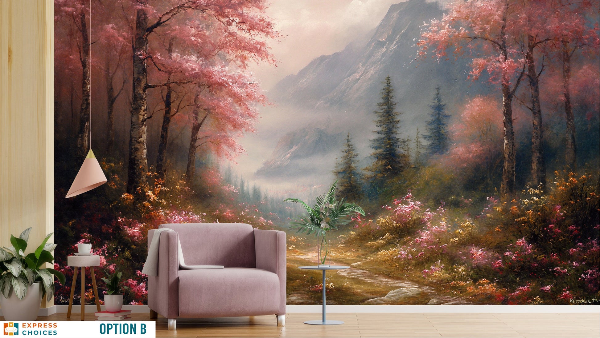 Watercolor Serene Mystical Landscape Wallpaper – room setting, Golden Era Walls