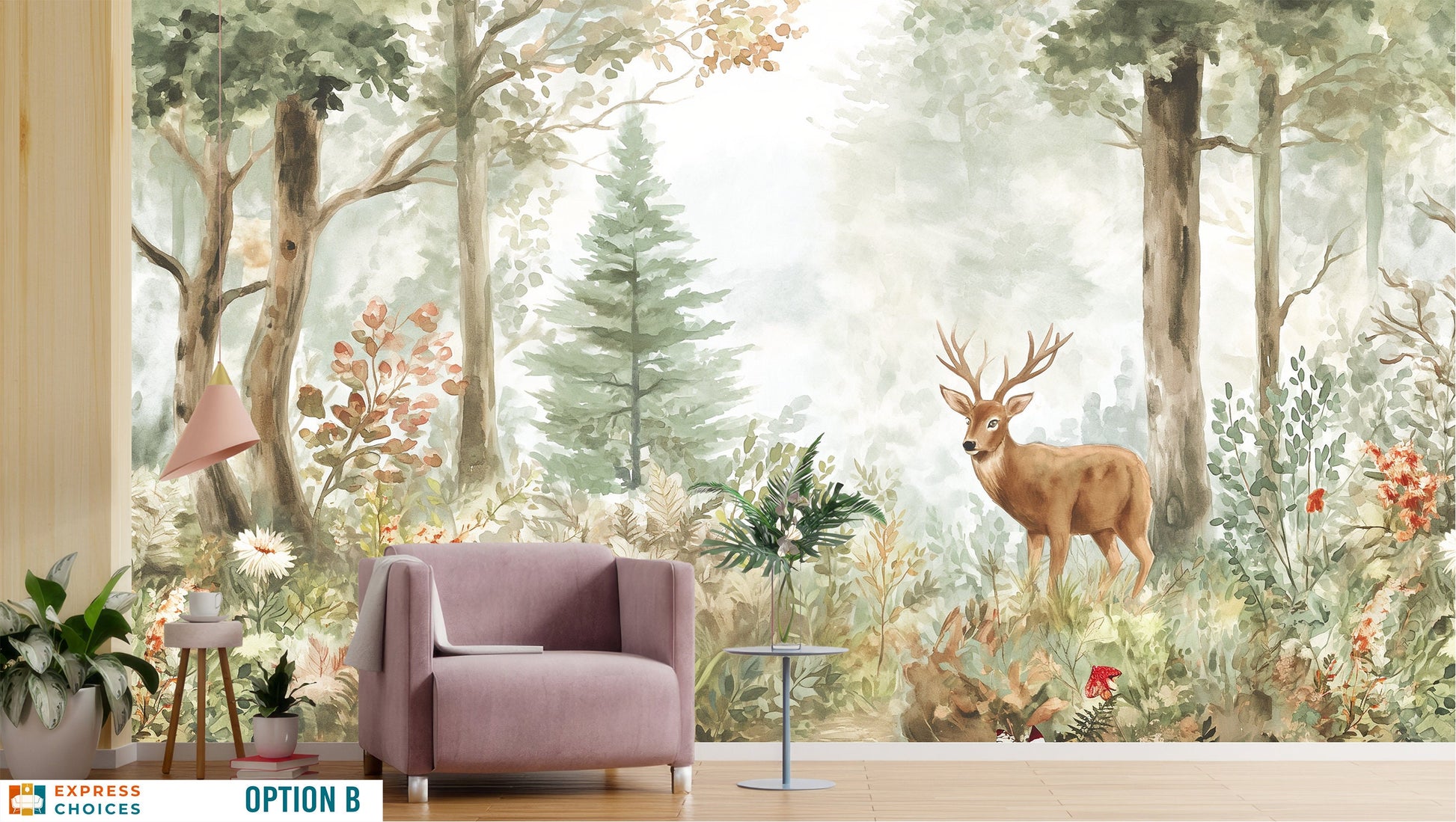 Woodland Animals Mountain Forest Wallpaper – room setting, Golden Era Walls