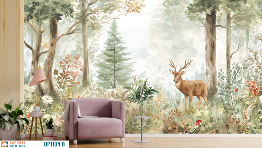 Woodland Animals Mountain Forest Wallpaper – room setting, Golden Era Walls