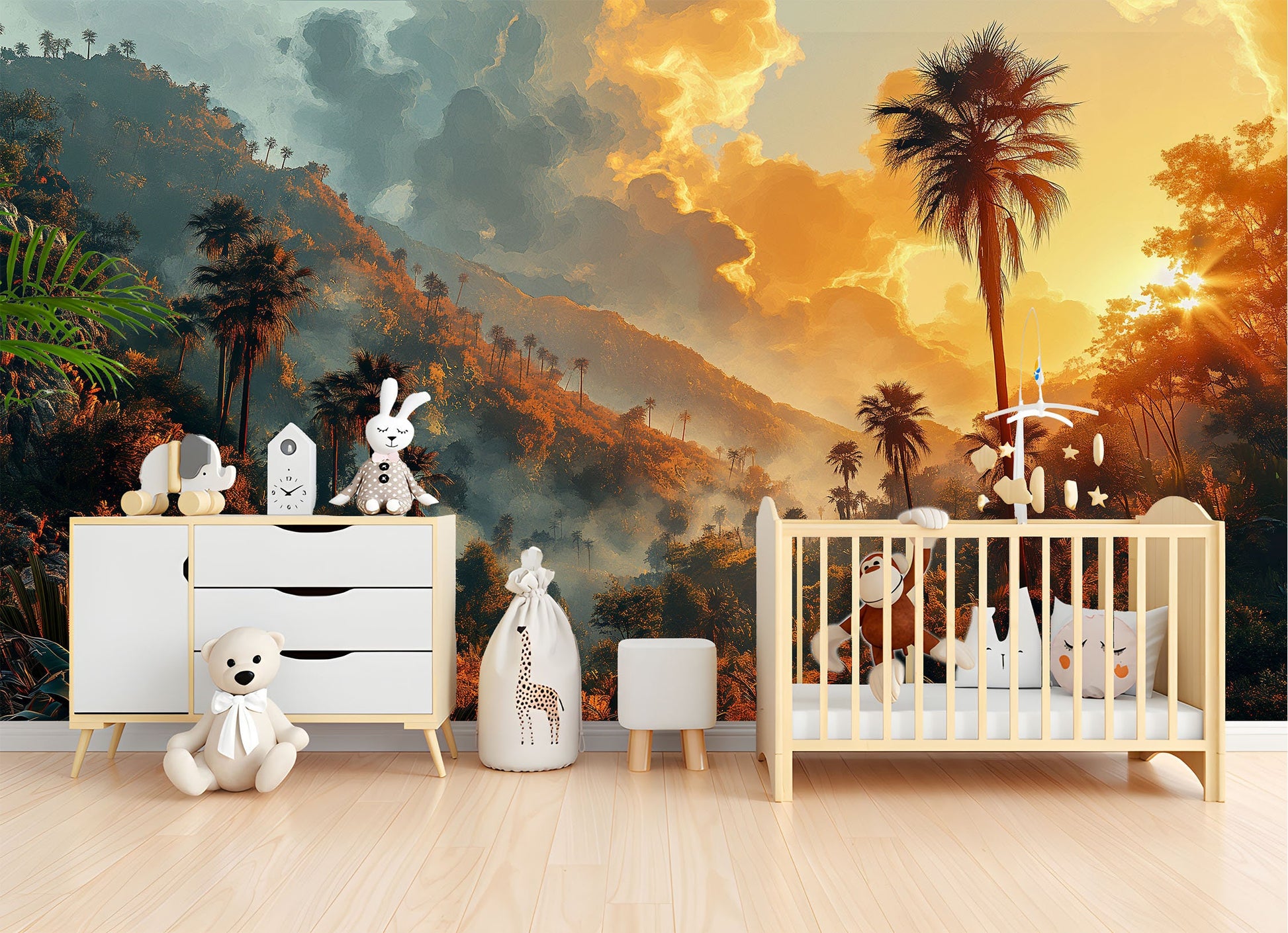 Golden Sunrise Palm Silhouettes Tropical Wallpaper – detail view, Golden Era Walls