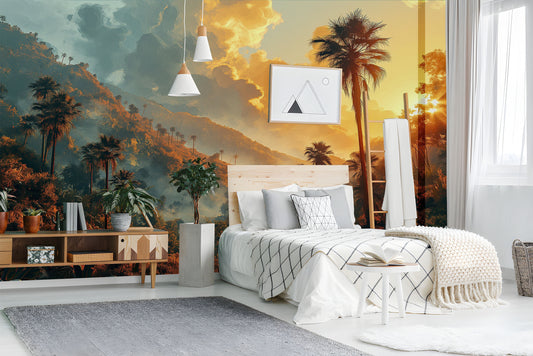 Golden Sunrise Palm Silhouettes Tropical Wallpaper – lifestyle view, Golden Era Walls