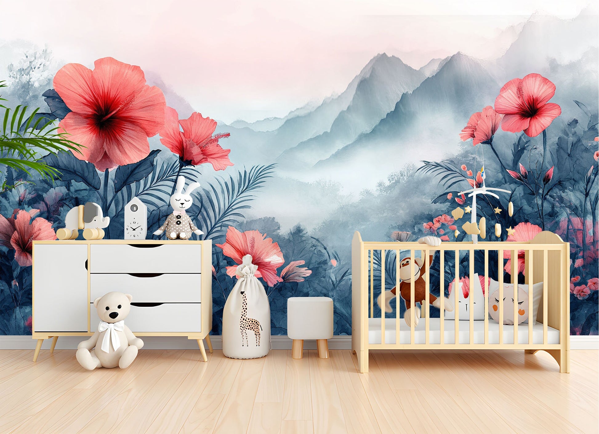 Red Flowers Mist Tranquil Floral Wallpaper – detail view, Golden Era Walls