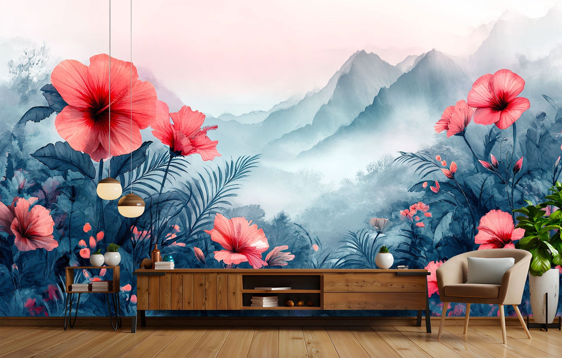 Red Flowers Mist Tranquil Floral Wallpaper – room setting, Golden Era Walls