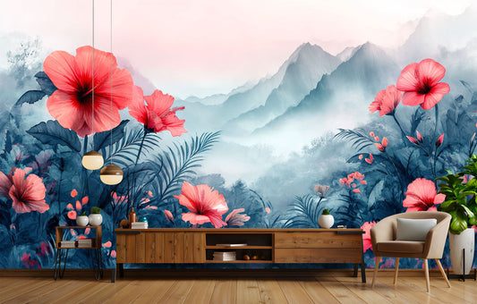 Red Flowers Mist Tranquil Floral Wallpaper – room setting, Golden Era Walls