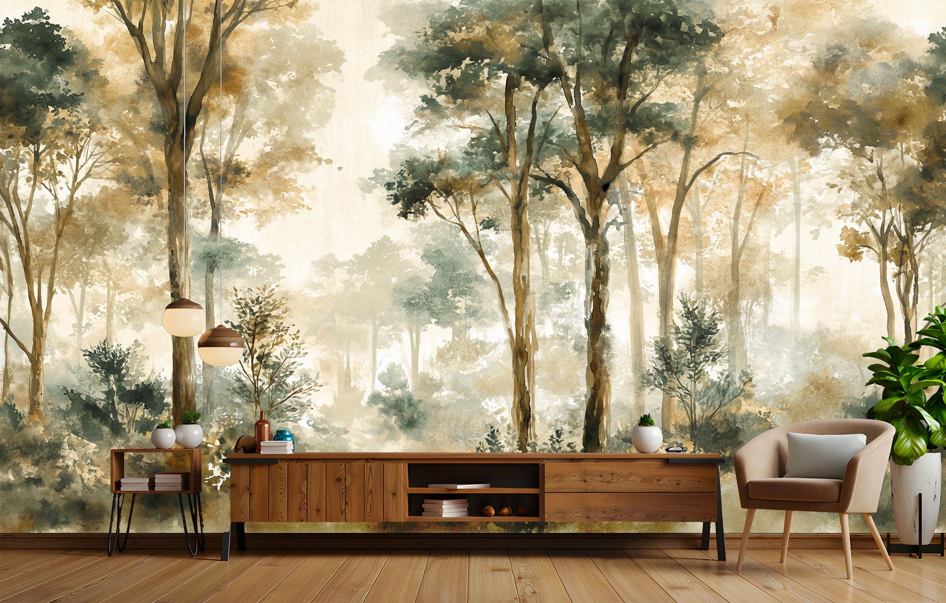 Woodland Forest Mountain Trees Wallpaper – room setting, Golden Era Walls