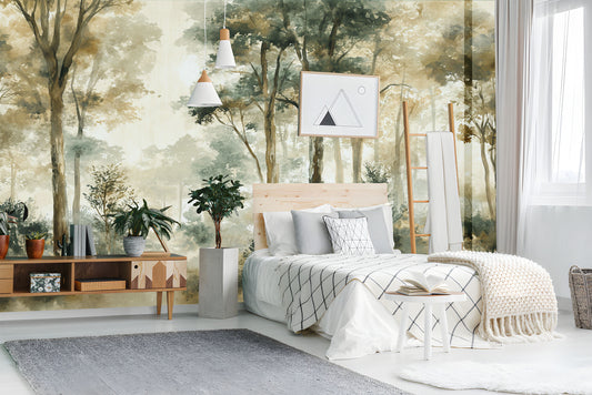 Woodland Forest Mountain Trees Wallpaper – lifestyle view, Golden Era Walls