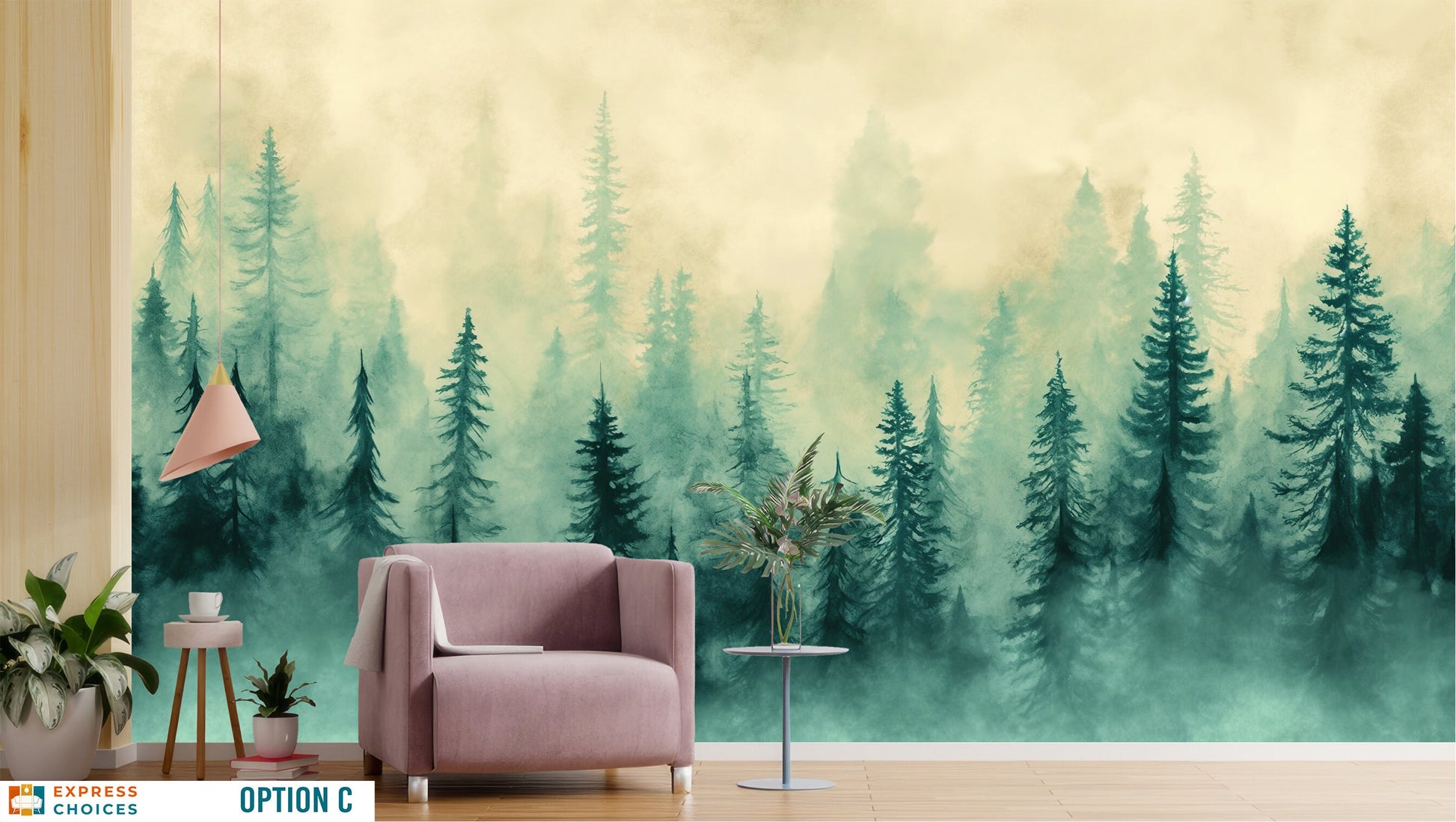 Forest Woodland Forest Watercolor Wallpaper – lifestyle view, Golden Era Walls