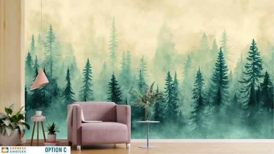 Forest Woodland Forest Watercolor Wallpaper – lifestyle view, Golden Era Walls