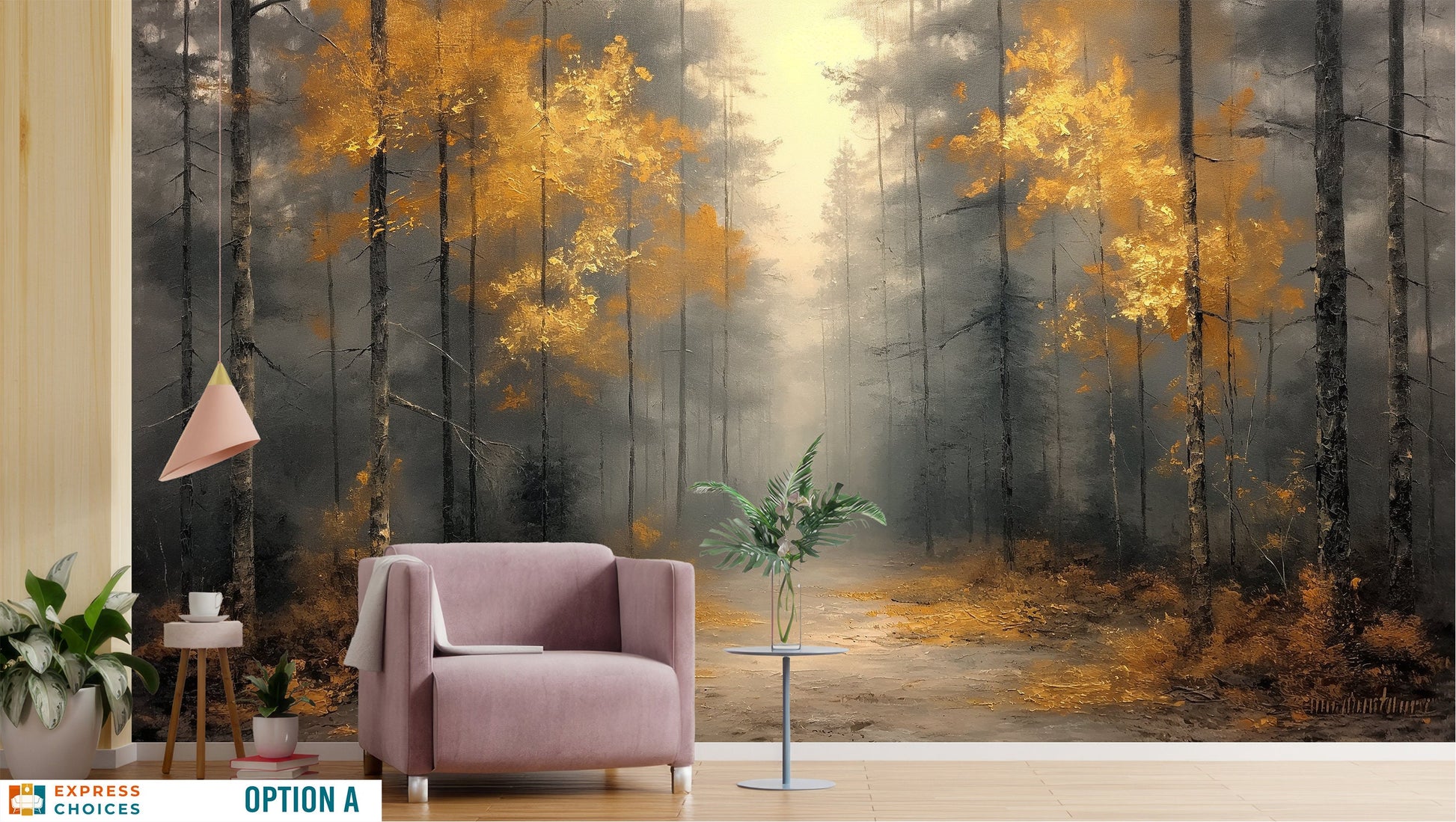 Gold Tree Forest View Wallpaper – lifestyle view, Golden Era Walls