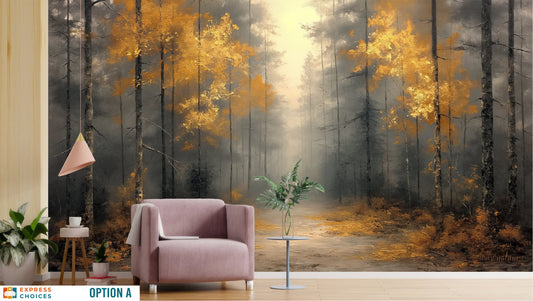 Gold Tree Forest View Wallpaper – lifestyle view, Golden Era Walls