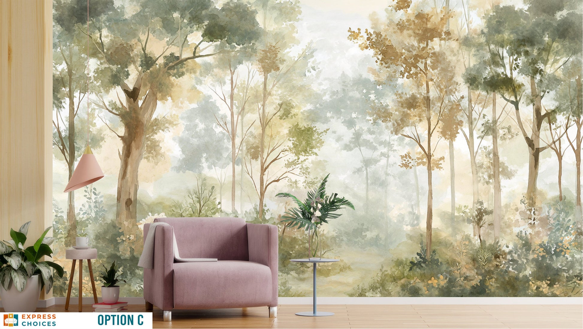 Watercolor Forest Self Adhesive Wallpaper – lifestyle view, Golden Era Walls
