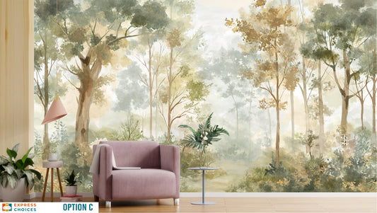 Watercolor Forest Self Adhesive Wallpaper – lifestyle view, Golden Era Walls