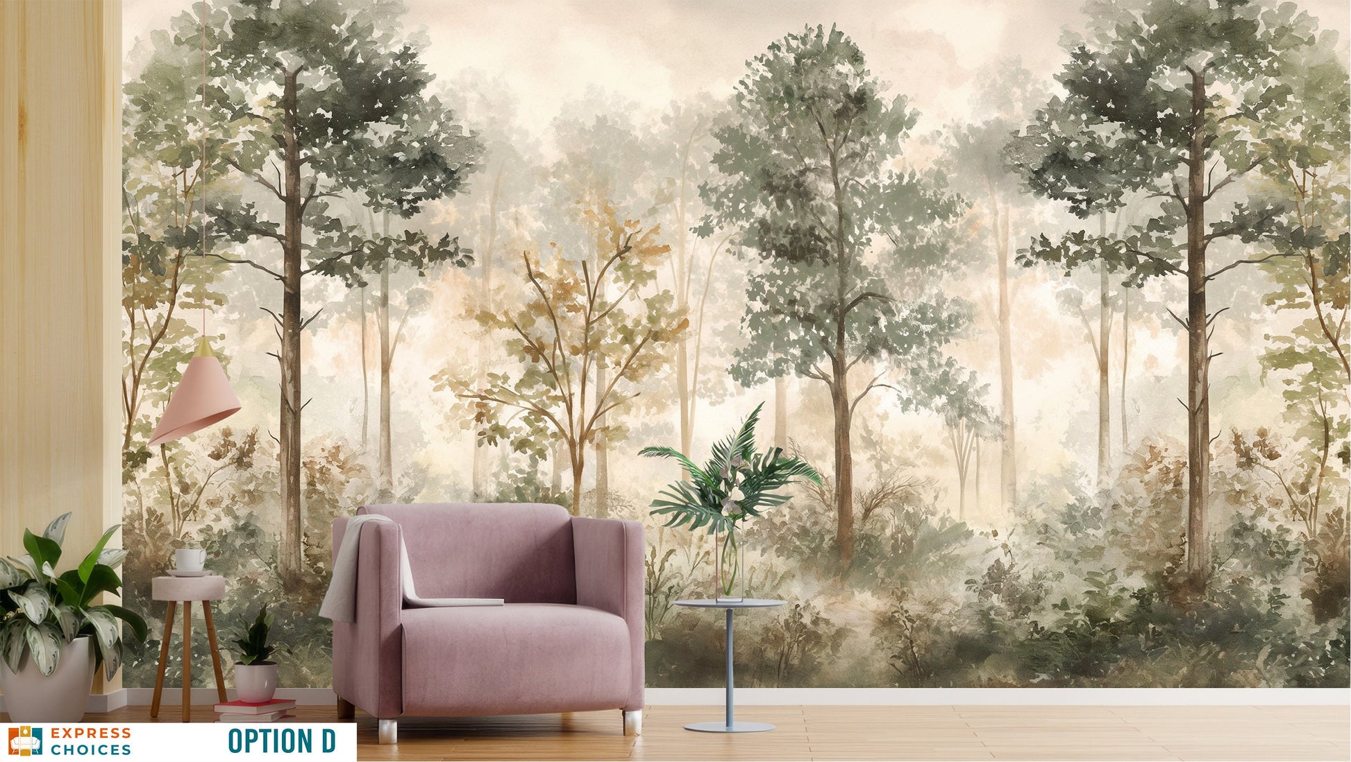 Watercolor Forest Self Adhesive Wallpaper – detail view, Golden Era Walls