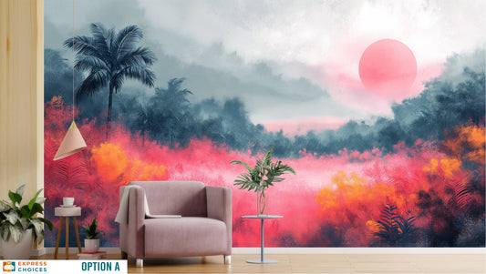 Watercolor Pink Forest Radiant Wallpaper – peel and stick wallpaper mural, Golden Era Walls
