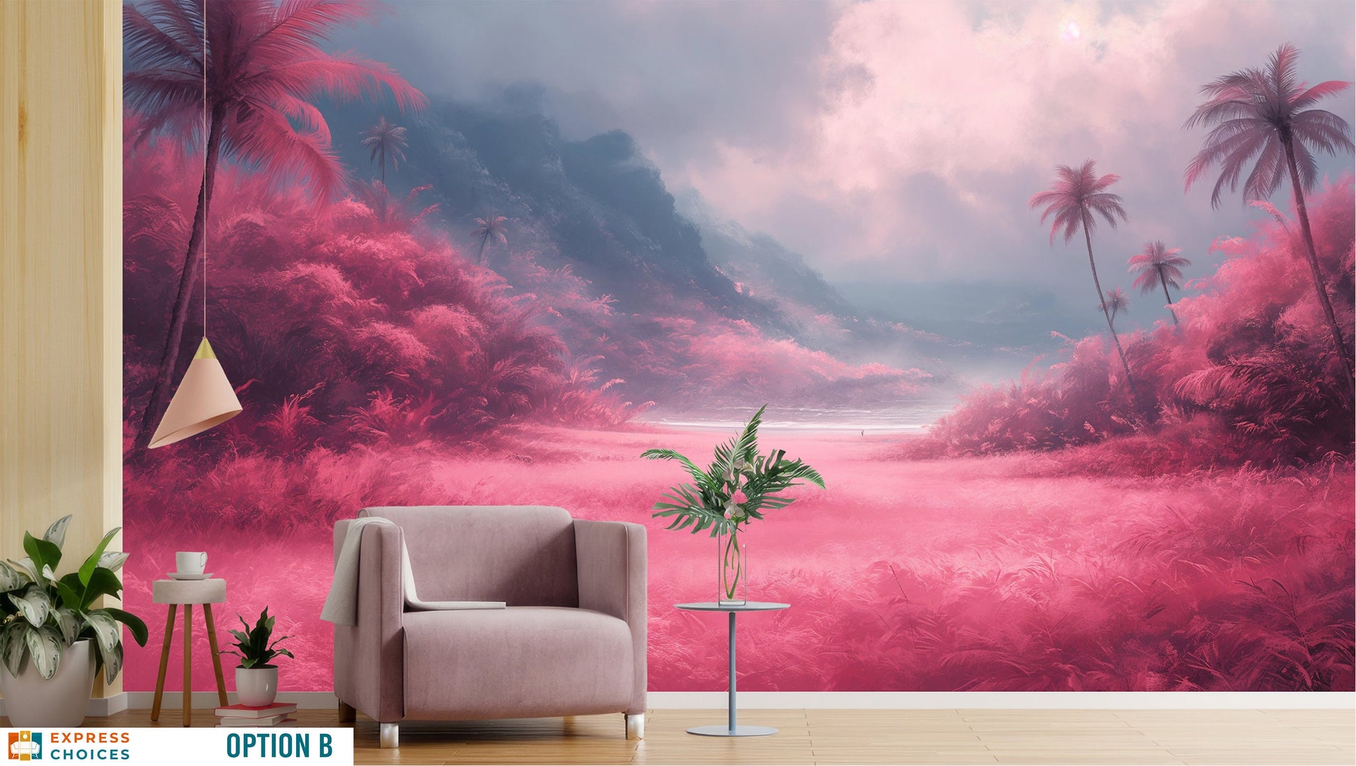 Watercolor Pink Forest Radiant Wallpaper – room setting, Golden Era Walls