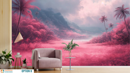 Watercolor Pink Forest Radiant Wallpaper – room setting, Golden Era Walls