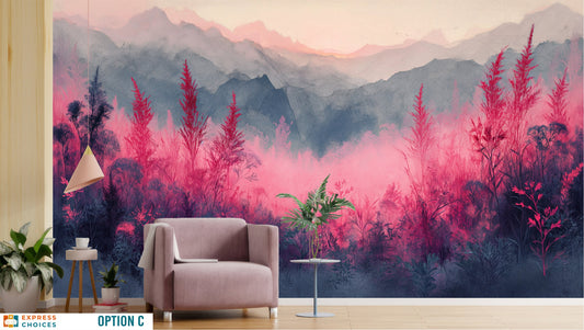 Watercolor Pink Forest Radiant Wallpaper – lifestyle view, Golden Era Walls