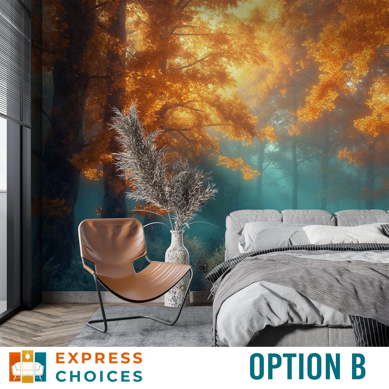 Woodland Misty Forest Landscape Wallpaper – room setting, Golden Era Walls