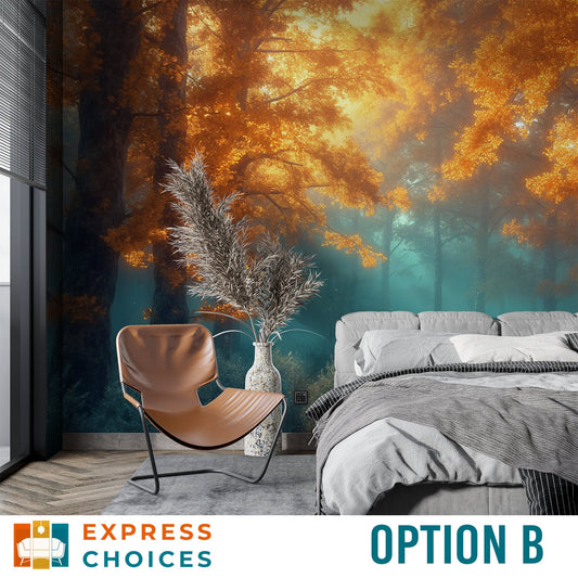 Woodland Misty Forest Landscape Wallpaper – room setting, Golden Era Walls
