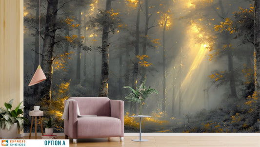 Woodland Misty Forest Landscape Wallpaper – detail view, Golden Era Walls