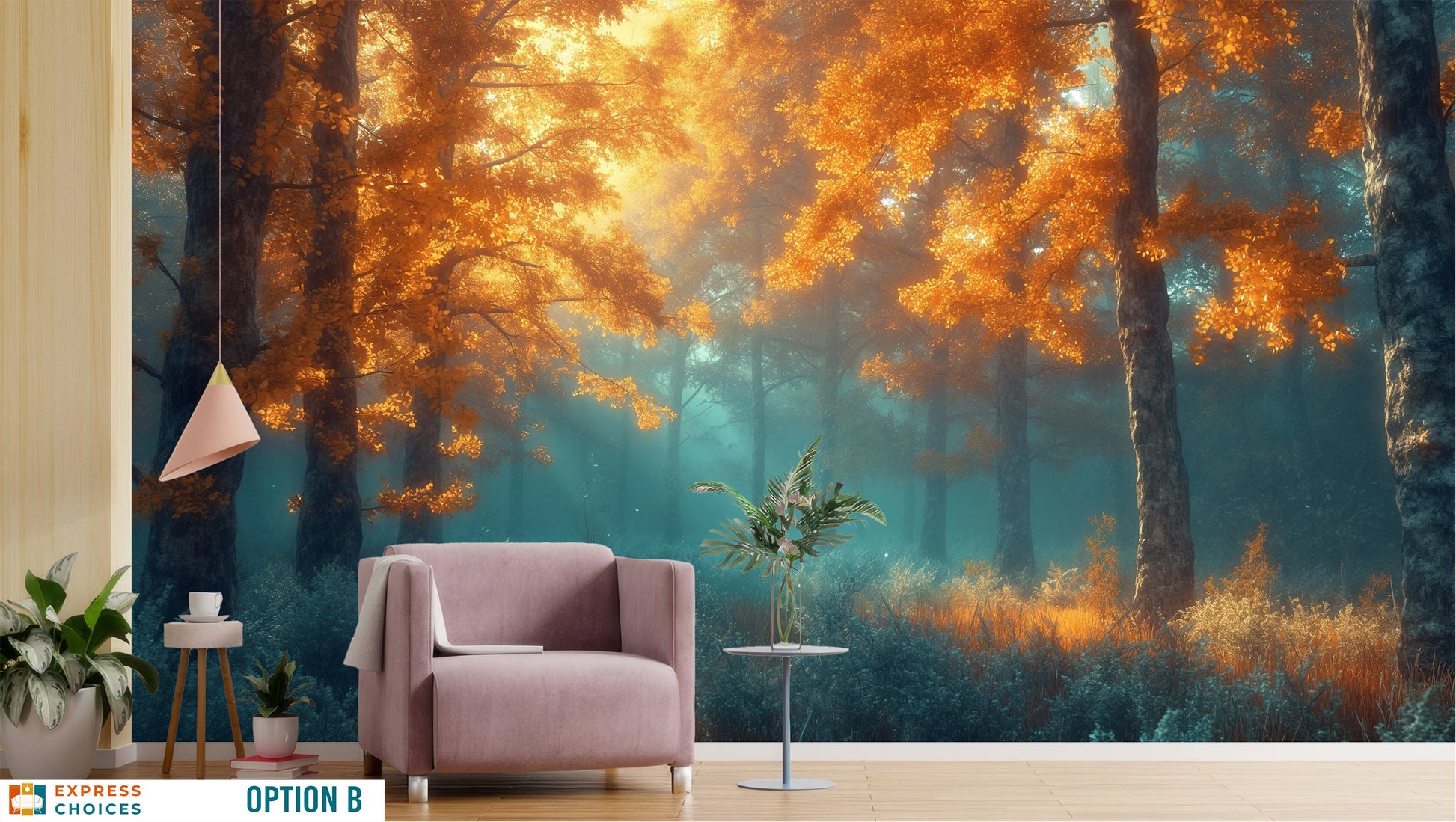 Woodland Misty Forest Landscape Wallpaper – scale reference, Golden Era Walls