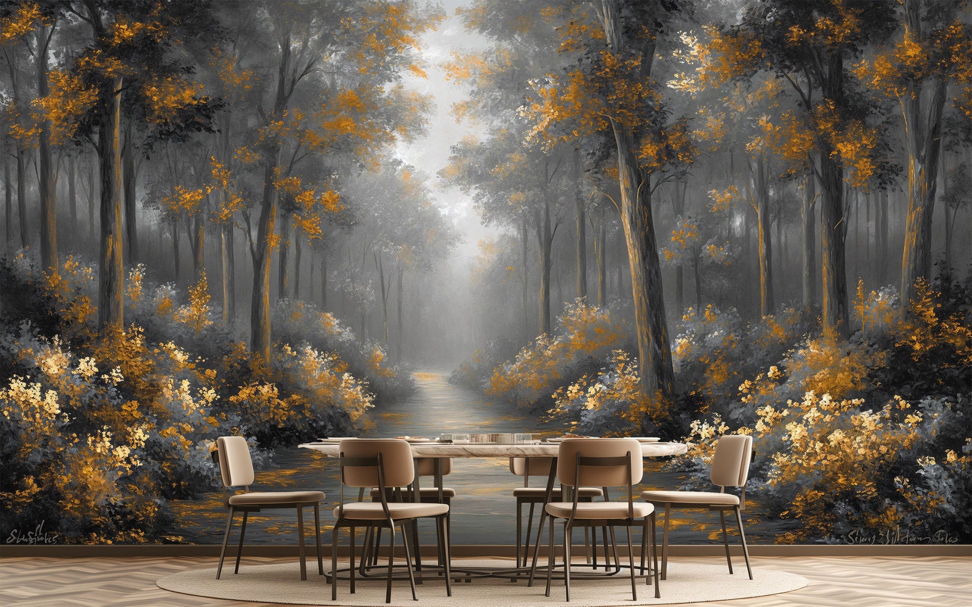 Foggy Forest Watercolor Trees Floral Wallpaper – lifestyle view, Golden Era Walls