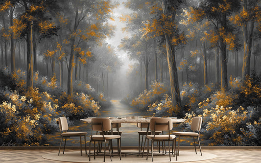 Foggy Forest Watercolor Trees Floral Wallpaper – lifestyle view, Golden Era Walls