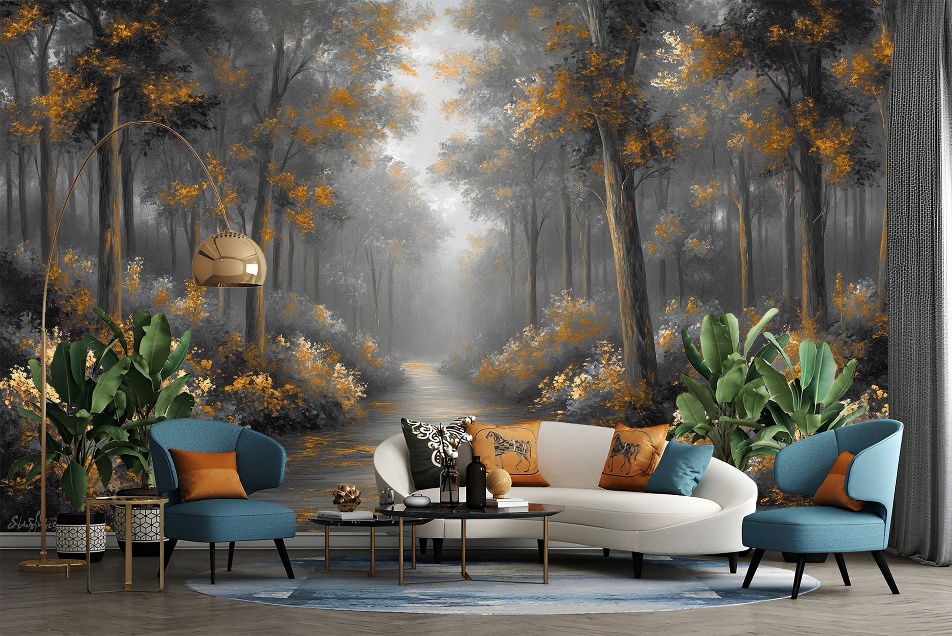 Foggy Forest Watercolor Trees Floral Wallpaper – detail view, Golden Era Walls