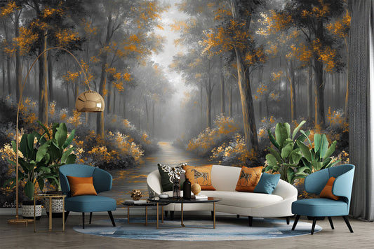 Foggy Forest Watercolor Trees Floral Wallpaper – detail view, Golden Era Walls