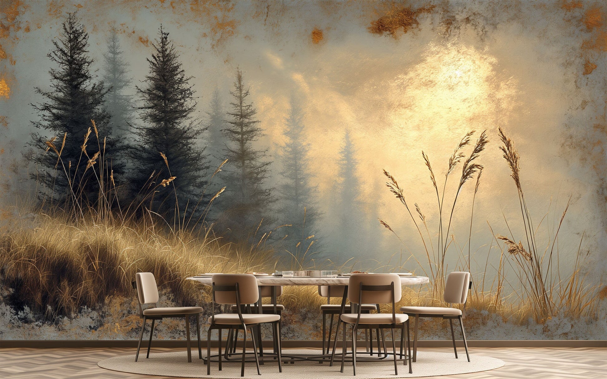 Golden Autumn Forest Path Geometric Wallpaper – lifestyle view, Golden Era Walls