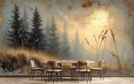 Golden Autumn Forest Path Geometric Wallpaper – lifestyle view, Golden Era Walls