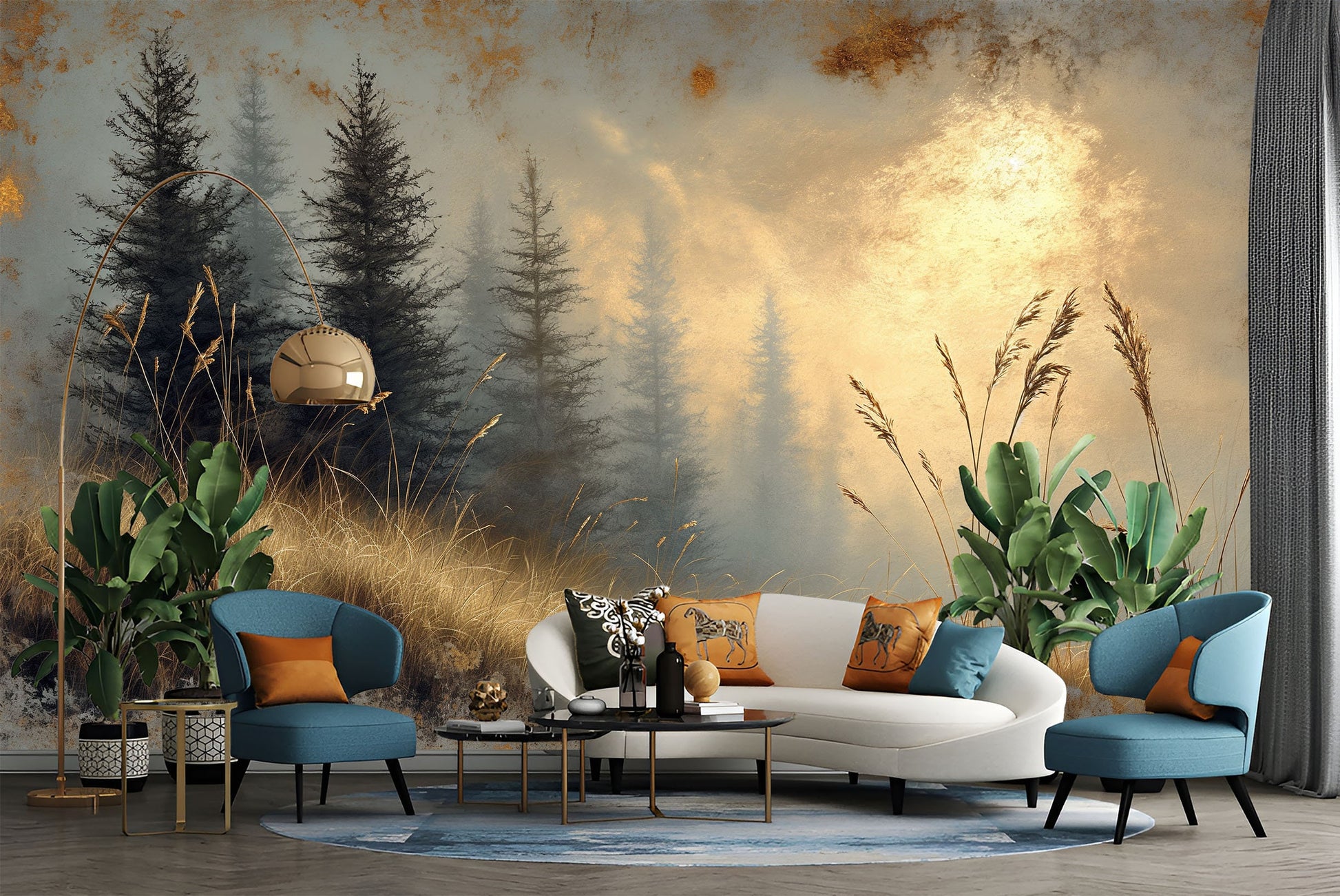 Golden Autumn Forest Path Geometric Wallpaper – room setting, Golden Era Walls