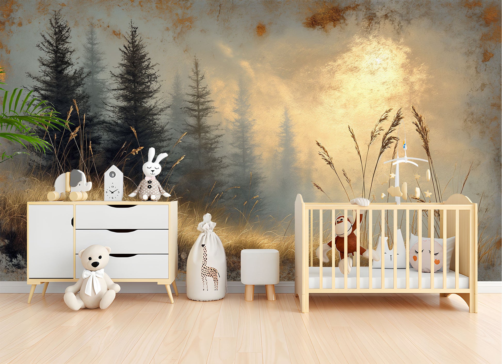 Golden Autumn Forest Path Geometric Wallpaper – scale reference, Golden Era Walls