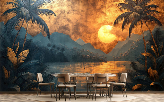 Hand Painted Tropical Sunset Geometric Wallpaper – peel and stick wallpaper mural, Golden Era Walls