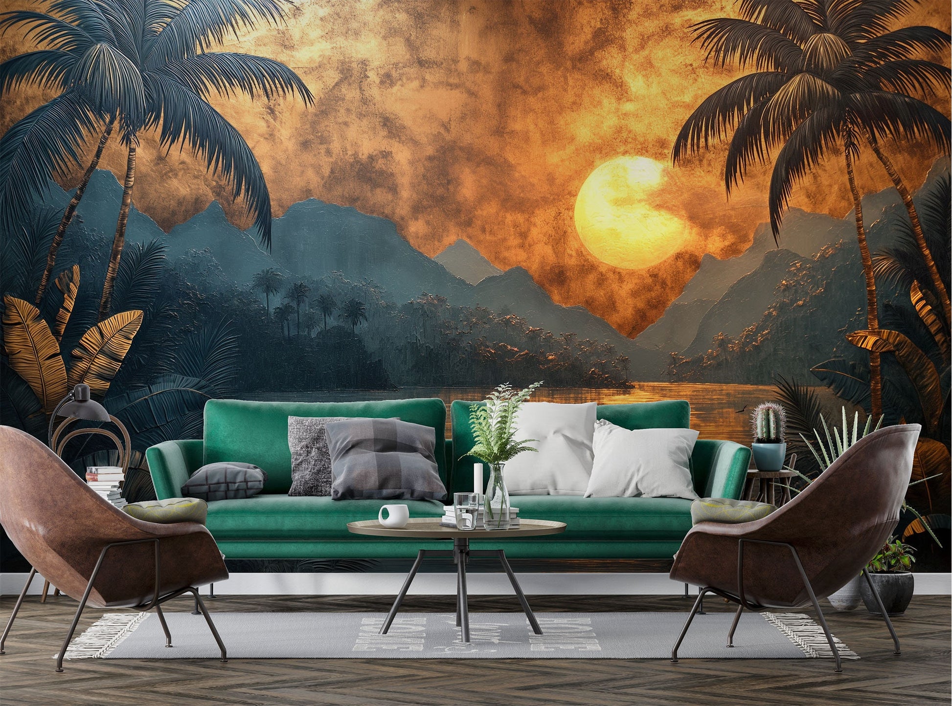 Hand Painted Tropical Sunset Geometric Wallpaper – scale reference, Golden Era Walls