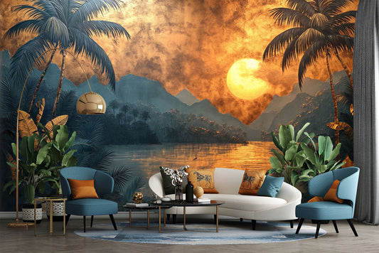 Hand Painted Tropical Sunset Geometric Wallpaper – lifestyle view, Golden Era Walls
