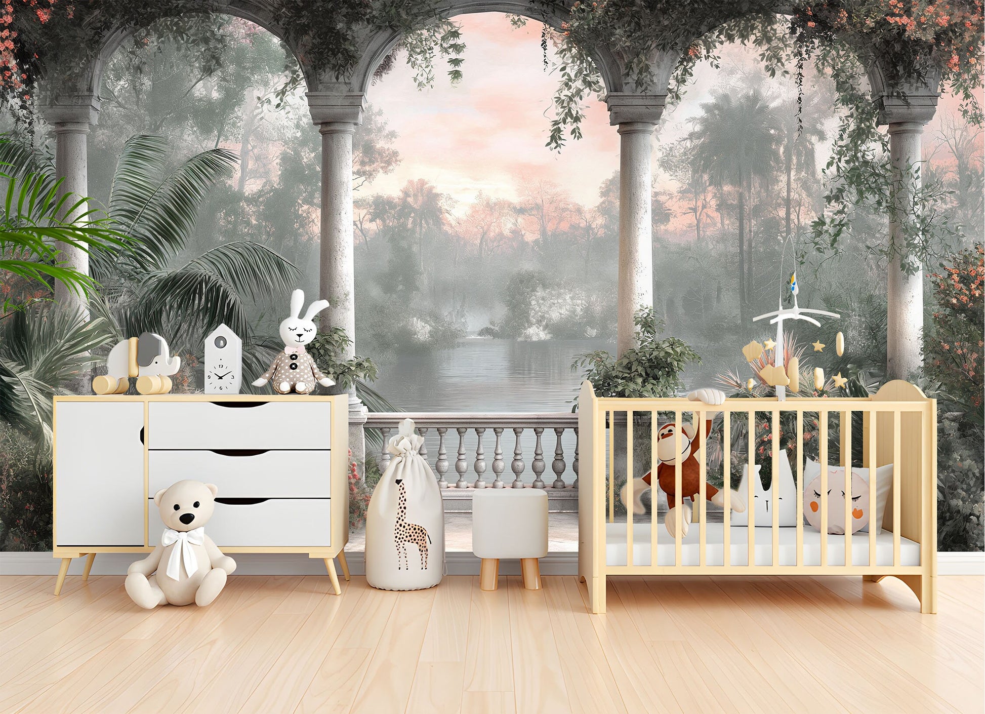 Painting balcony overlooking lake Floral Wallpaper – scale reference, Golden Era Walls