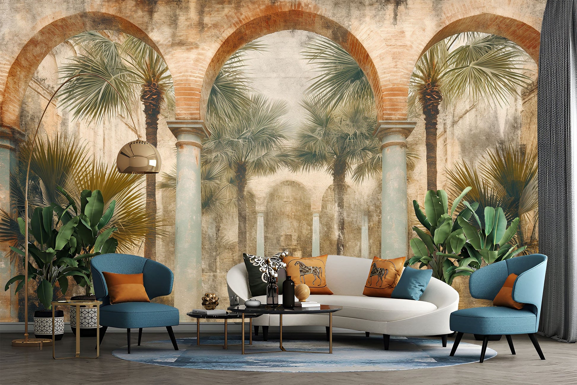 Ancient Structure Palm Trees Tropical Wallpaper – lifestyle view, Golden Era Walls