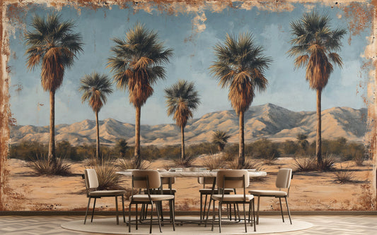 Desert Oasis Palm Trees Tropical Wallpaper – lifestyle view, Golden Era Walls