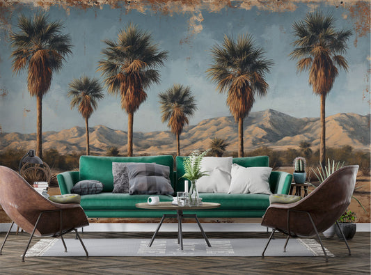 Desert Oasis Palm Trees Tropical Wallpaper – detail view, Golden Era Walls