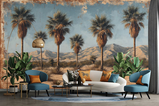 Desert Oasis Palm Trees Tropical Wallpaper – peel and stick wallpaper mural, Golden Era Walls