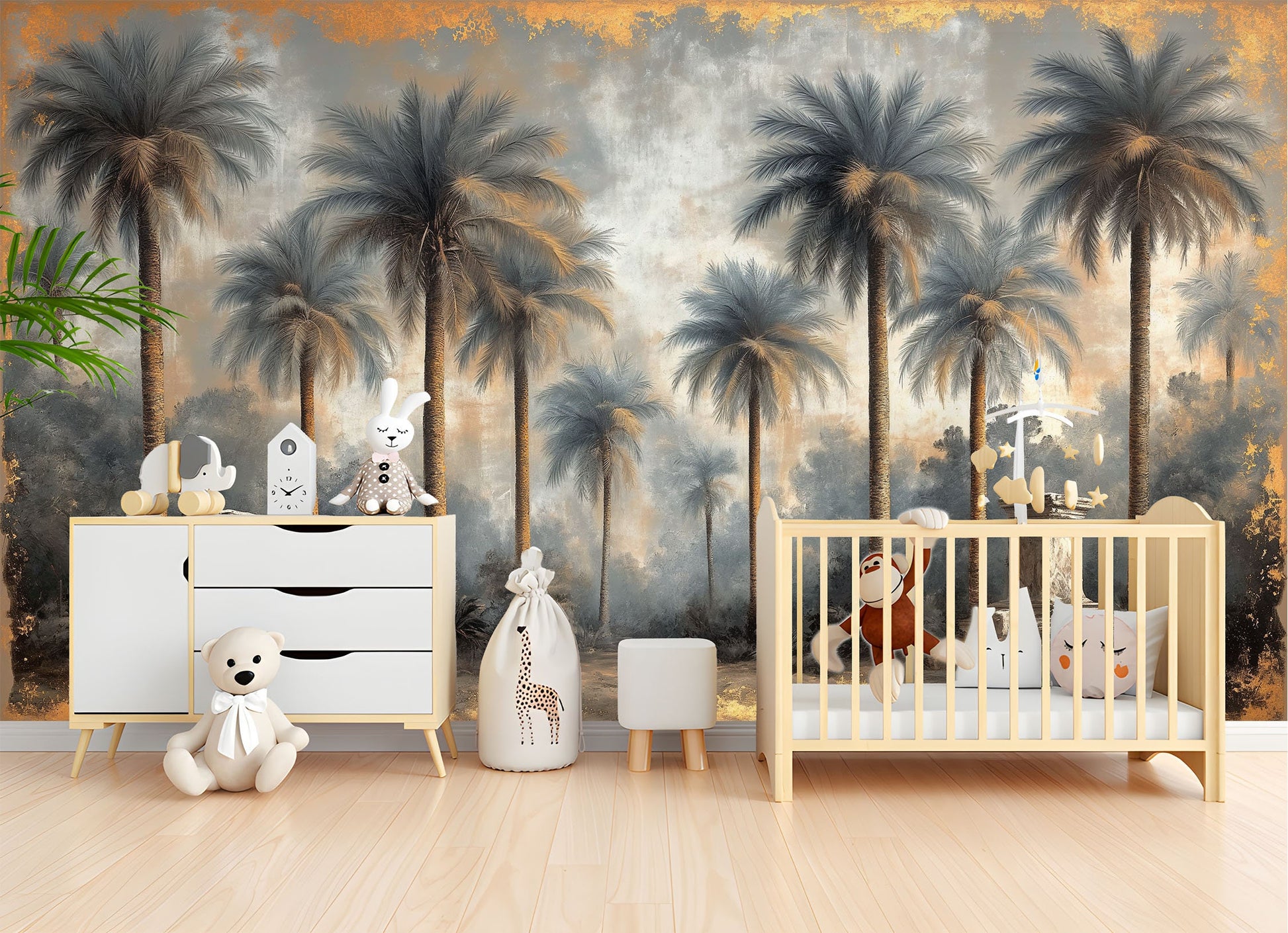 Desert Oasis Palm Trees Tropical Wallpaper – scale reference, Golden Era Walls