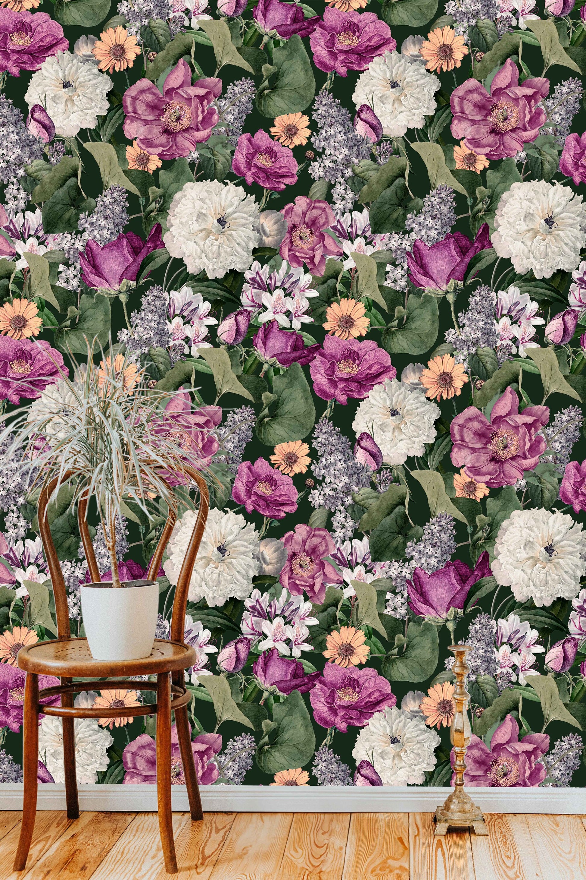 Botanical Colorful Floral Covering Floral Wallpaper – room setting, Golden Era Walls