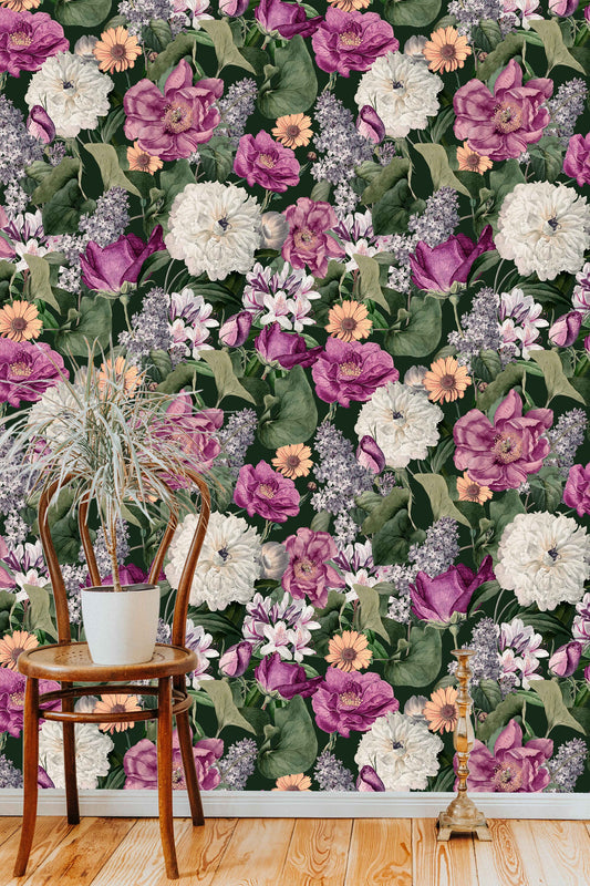 Botanical Colorful Floral Covering Floral Wallpaper – room setting, Golden Era Walls