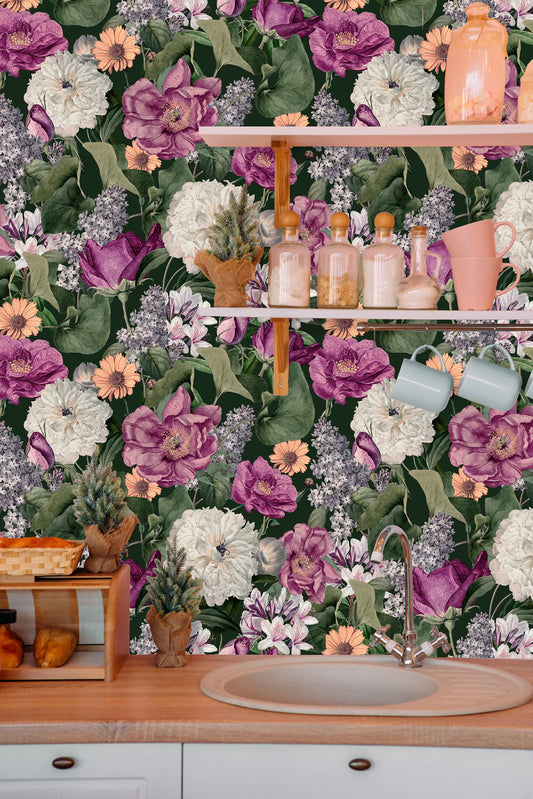 Botanical Colorful Floral Covering Floral Wallpaper – detail view, Golden Era Walls